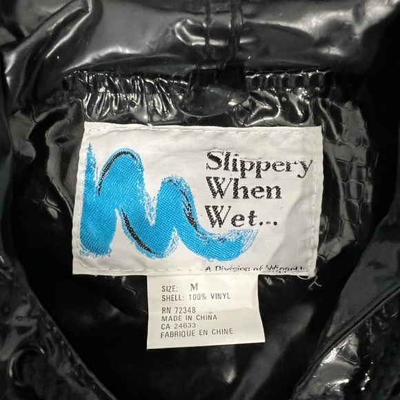 Vtg Slippery When Wet Rain Coat Wipette Women's Sz M Black Vinyl Rainbow Zipper - Picture 3 of 10